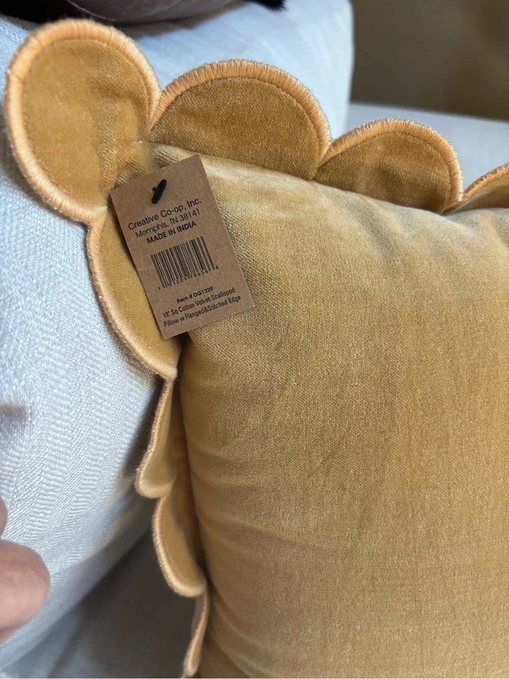 Creative Co-Op Mustard Cotton Velvet Scalloped Flange Throw Pillow 18”NWT